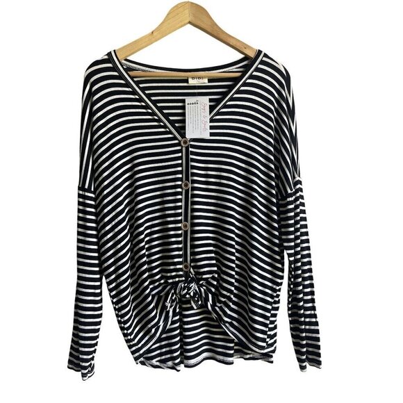 New! Bibi Size Medium Black White Striped V-Neck Top Tie Knot Waist - Picture 2 of 12